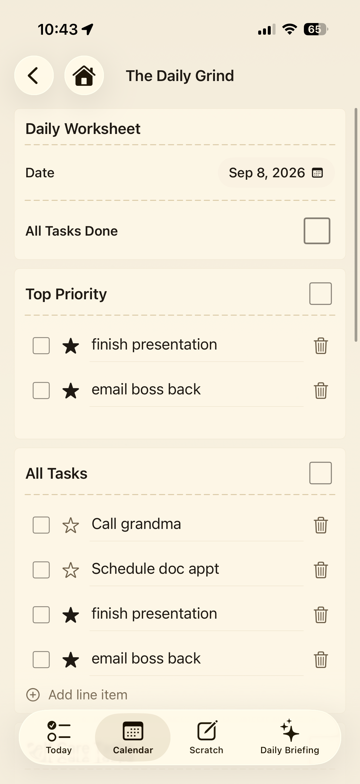 Daily Grind Today worksheet showing the Top Priority section, tasks, and Today, Calendar, Scratch, and Daily Briefing navigation