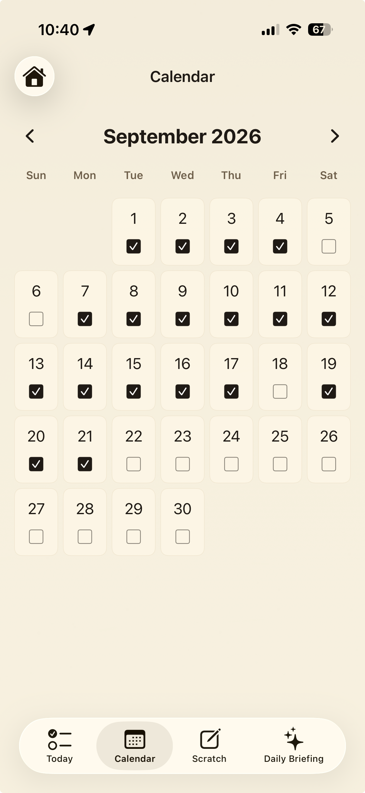 Daily Grind September 2026 calendar with completed days marked by check marks