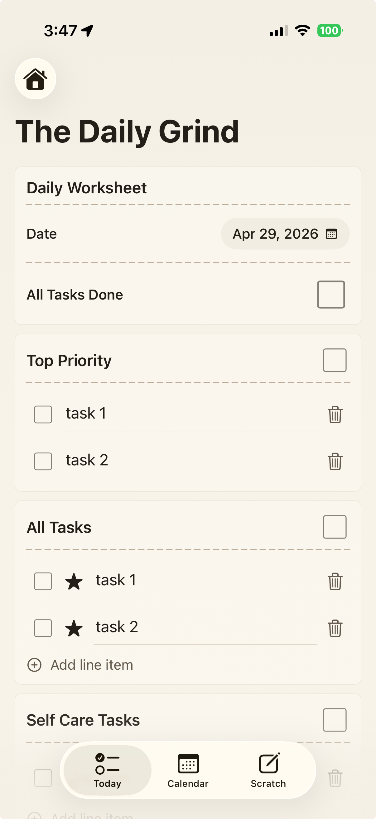 A current Daily Grind iPhone screenshot showing the digital daily worksheet, Top Priority, and All Tasks