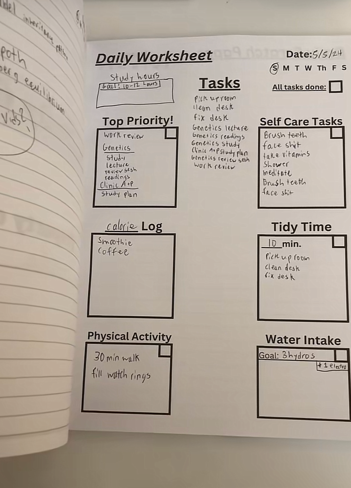 A filled-in Daily Grind workbook page dated May 5, 2024, with Top Priority, Tasks, Self Care Tasks, Tidy Time, Physical Activity, and Water Intake